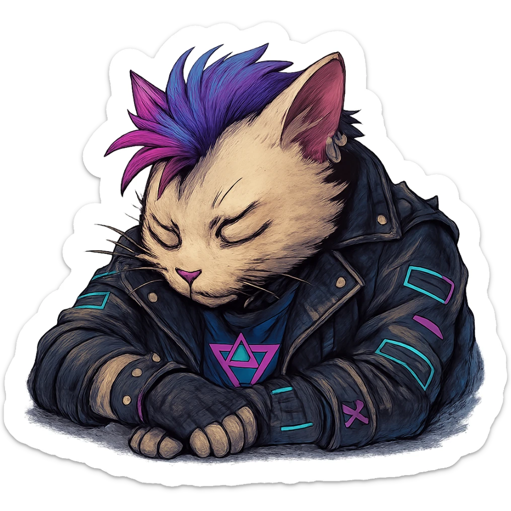  a anthro cat laying down his head to nap, punk gothic style, futuristic cyberwave cyberpunk, sticker