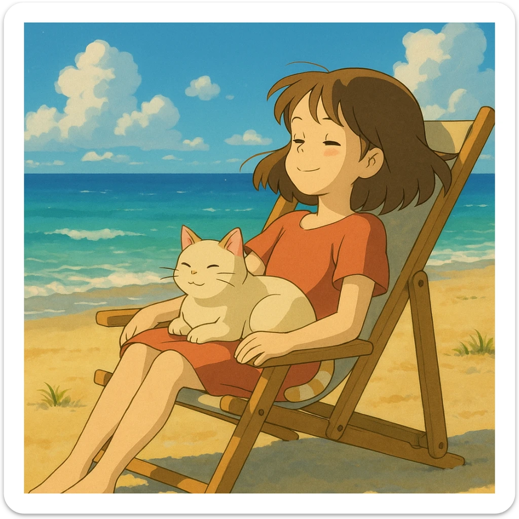 girl and her cat on the beach, sitting in a chair under the sun, ghibli style sticker