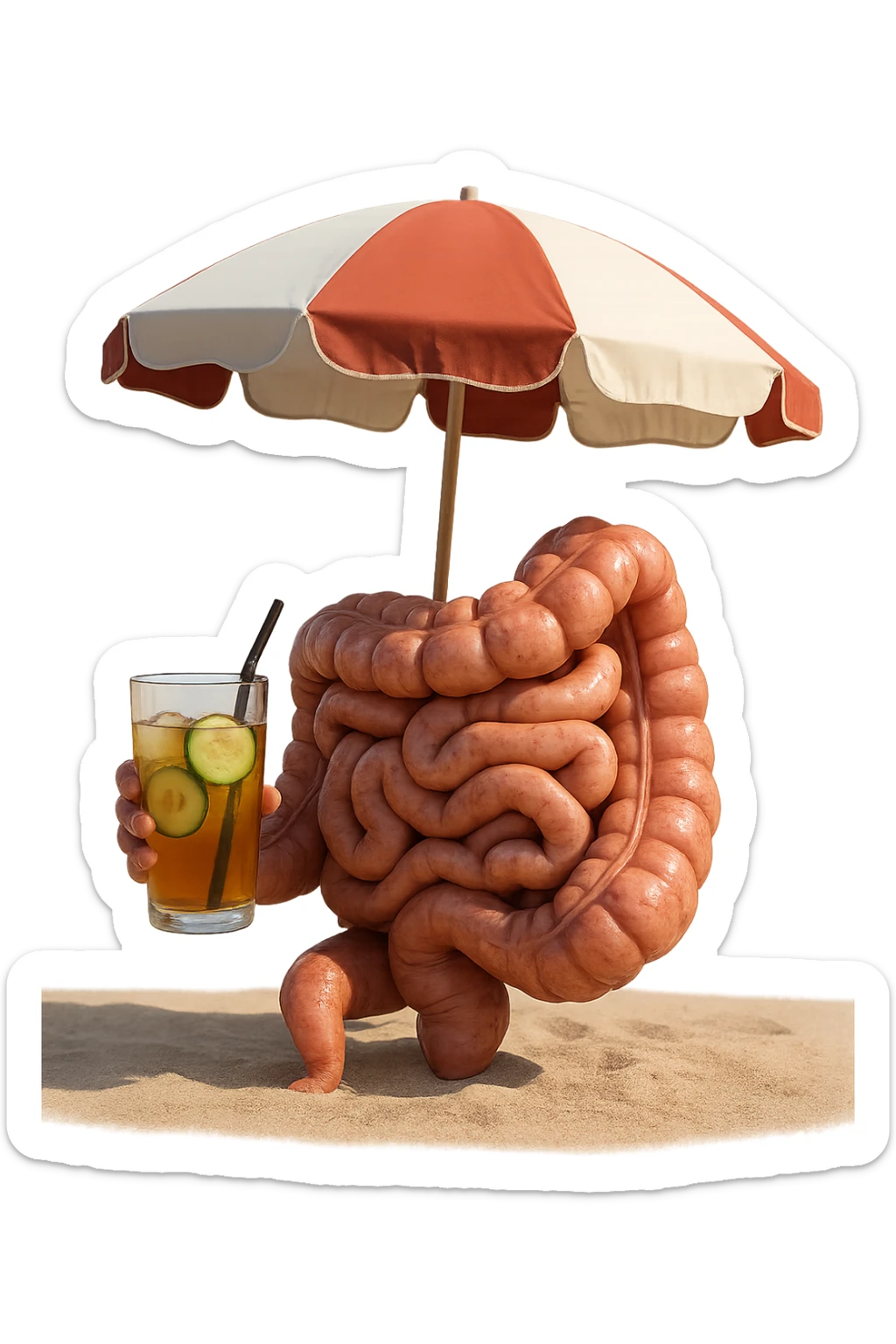INTESTINO SEDUTO IN SPIAGGIA SOTTO L'OMBRELLONE MENTRE BEVE THè FREDDO CON CETRIOLO
IPERREALISTICO 4K sticker