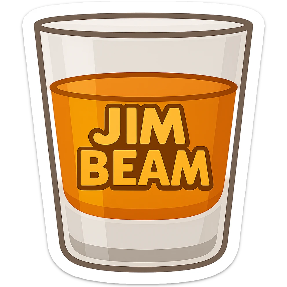 Add the text 'JIM BEAM' clearly visible on the whiskey glass in emoji style with a transparent background. sticker