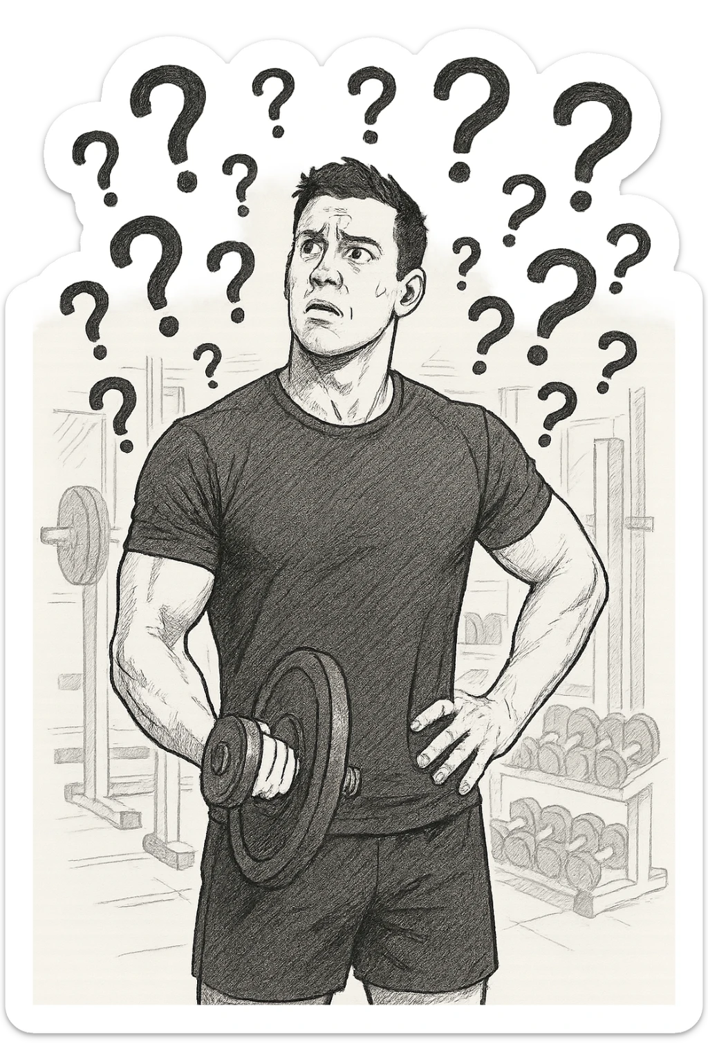 Uomo in palestra mentre si allena con tanti punti interrogativi intorno, confuso sticker