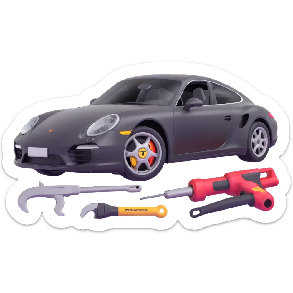 icon of a Porsche luxury car with a clearly visible dent or damage on the bodywork, with bodywork reconstruction tools like a lever, small hammer, and repair equipment positioned to show active repair, elegant and modern sticker