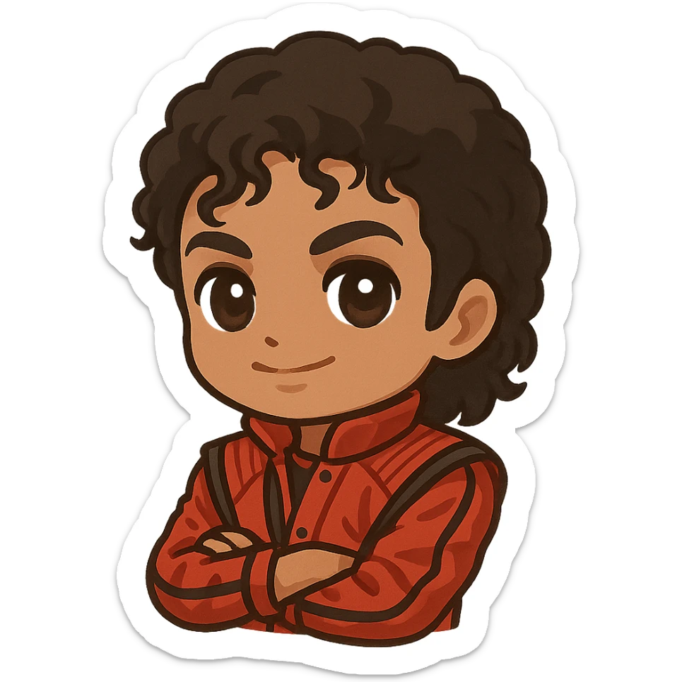 Michael Jackson with his Thriller jacket sticker