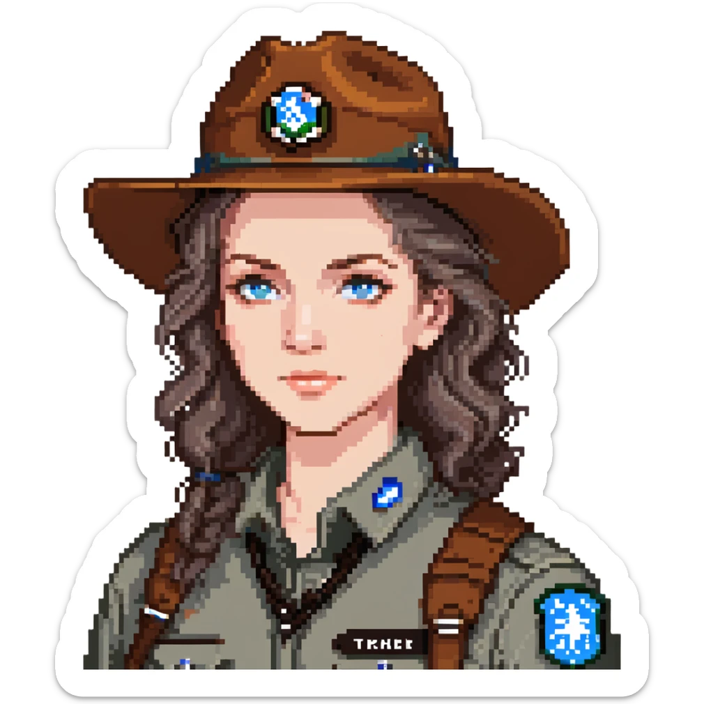 white woman park ranger with blue eyes and brown and gray hair sticker