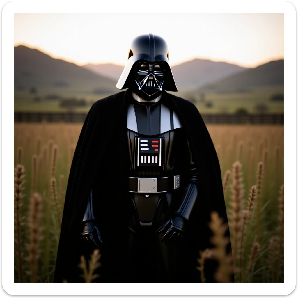 A portrait of a Darth vader in the foreground, blurred plants in the foreground (close to the camera), a wooden fence in the midground, rolling hills in the background, cinematic depth of field, layered composition, natural lighting sticker