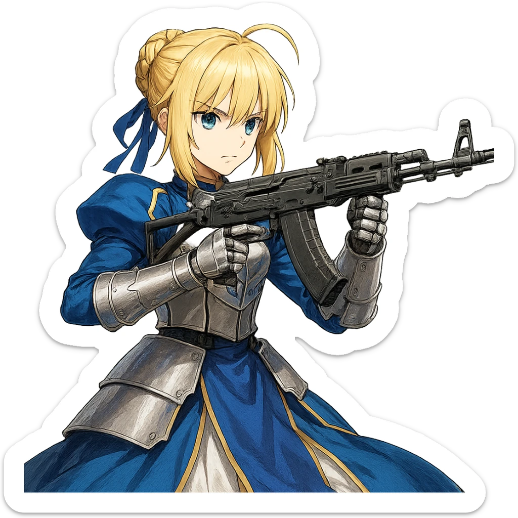 Artoria Pendragon from Fate Grand Order holding a Polish Beryl 96 rifle, detailed anime style, blue and silver armor, blonde hair, blue eyes, heroic pose sticker