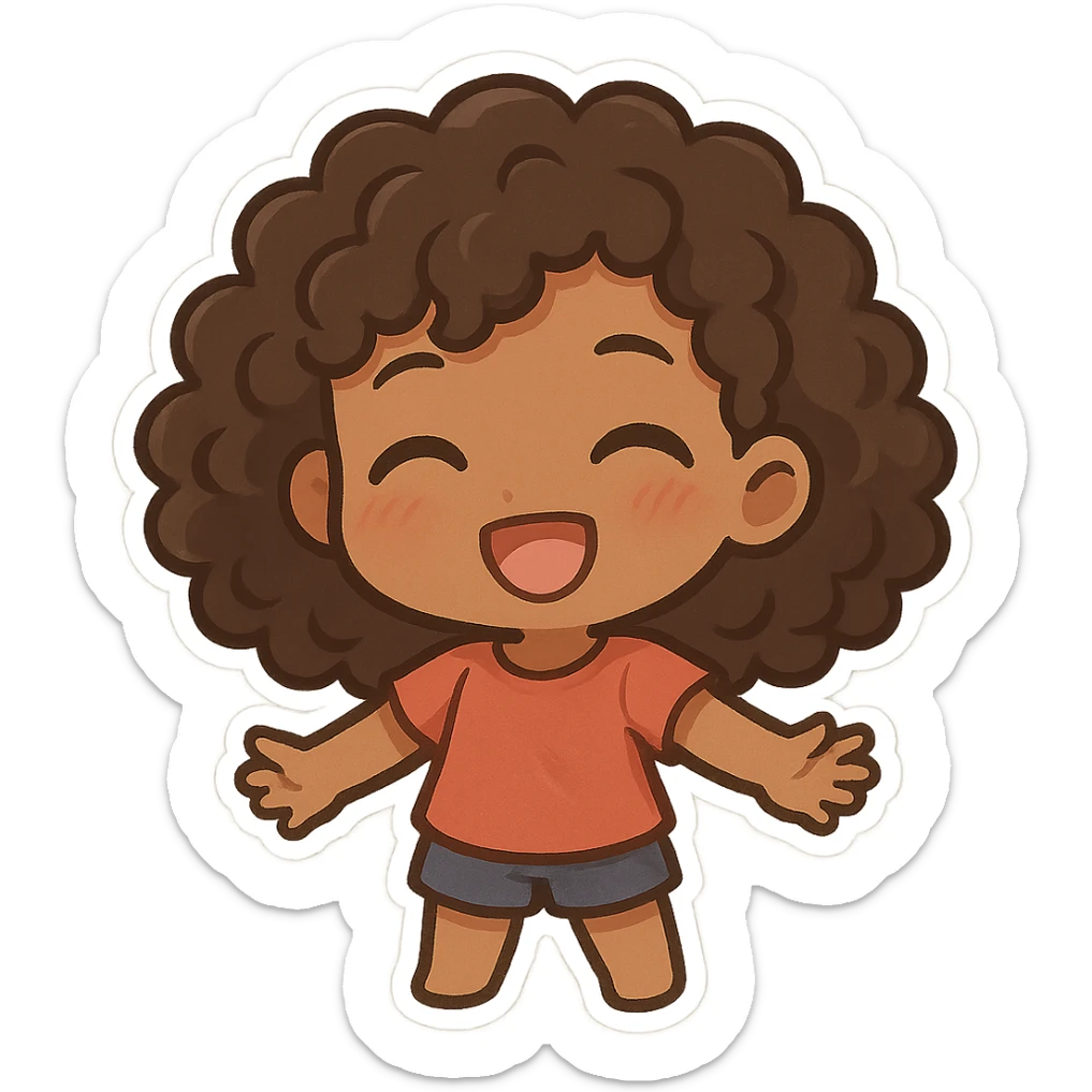 chibi emoji of a female with curly hair and brown skin, happy expression sticker