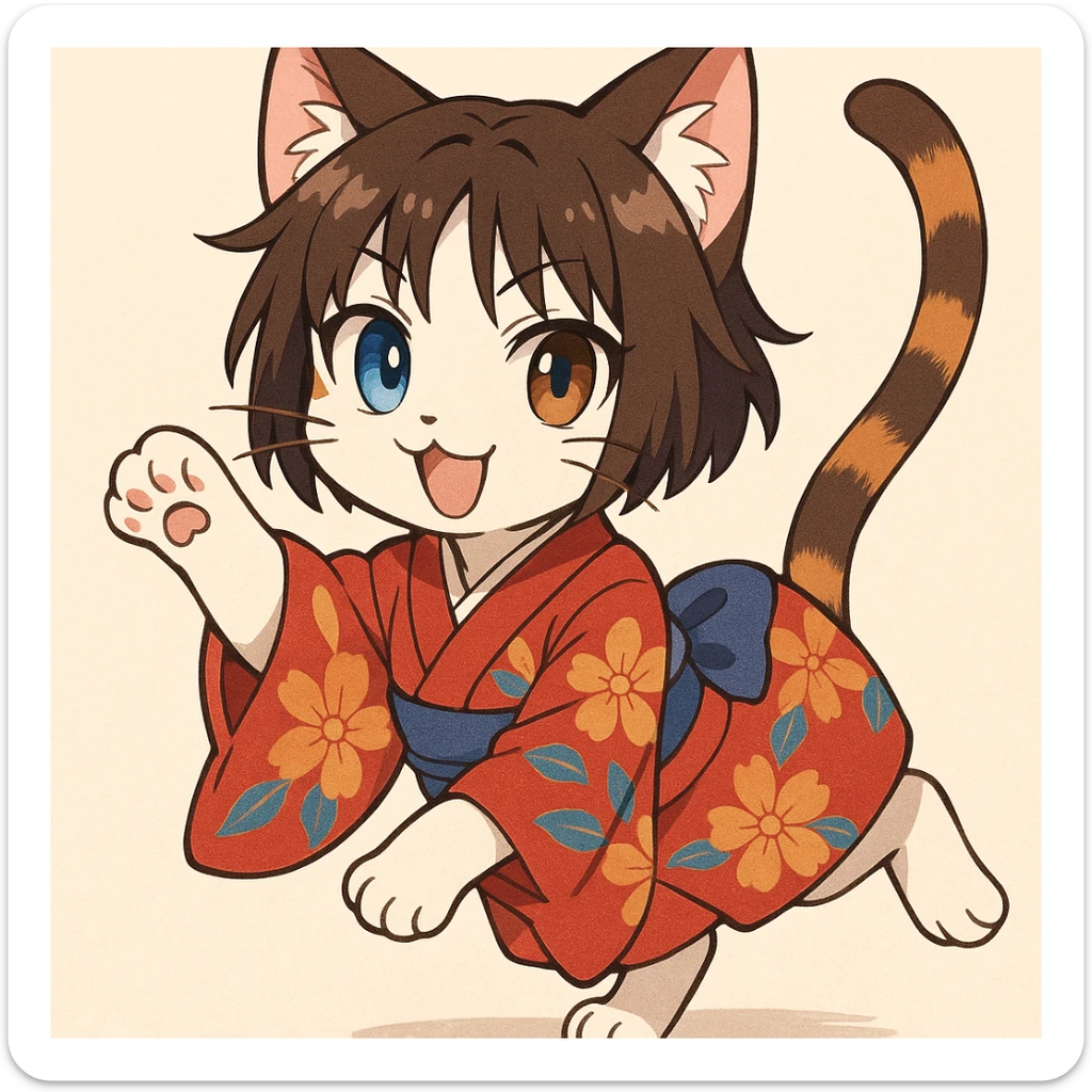 Ryougi Shiki as a playful anime-style cat, with blue and brown eyes, short hair, and a kimono pattern on her fur sticker