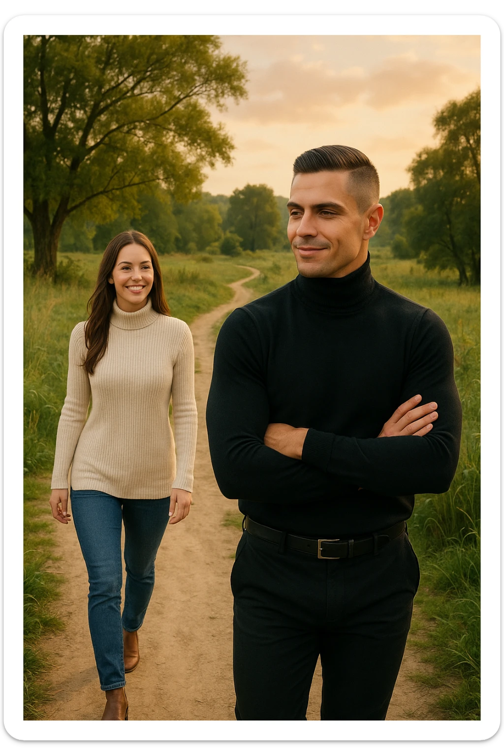 a man and a woman walk together along a winding path in a natural landscape. In one version, the woman leads confidently while the man follows a few steps behind, looking at lei con ammirazione. In un’altra versione, i ruoli sono invertiti, con l’uomo che guida e la donna che lo segue sorridendo. La scena trasmette l’idea che entrambi possano guidare o seguire, a seconda del momento. sticker