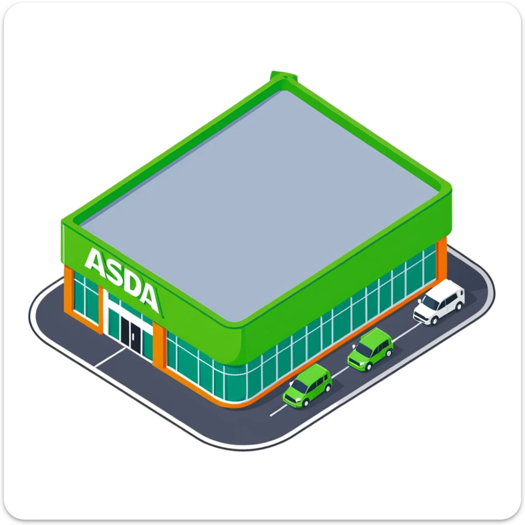 Isometric ASDA supermarket exterior with green facade, click and collect pickup point, and British number plate cars in car park sticker