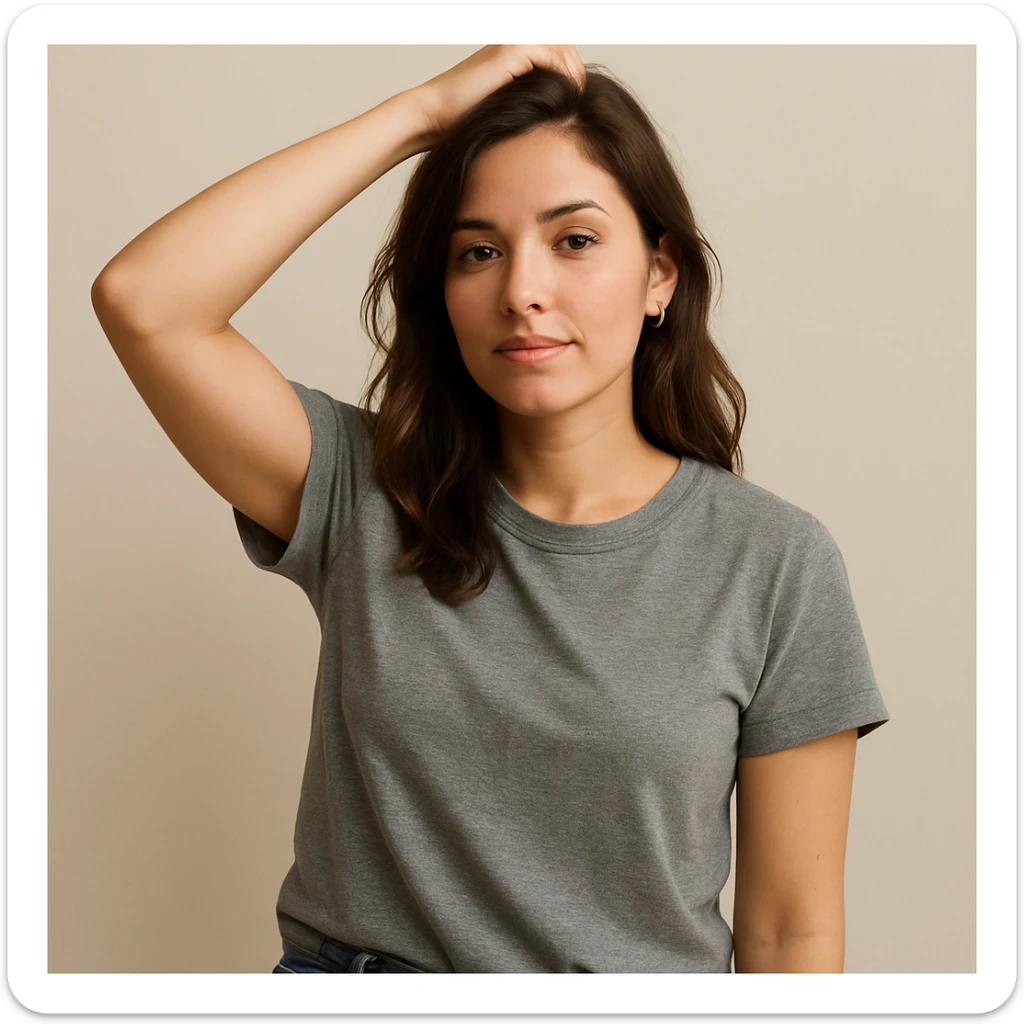 woman with hand on head, casual style, plain background sticker