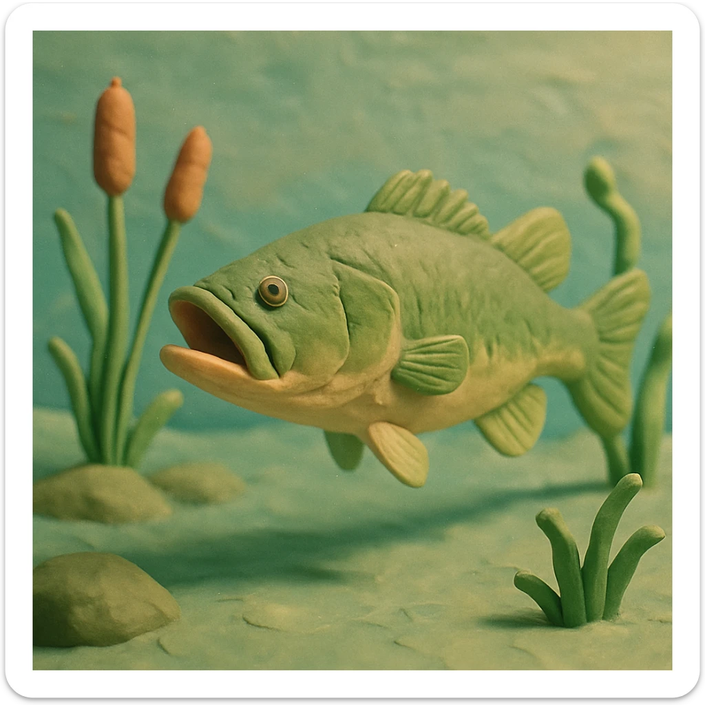 largemouth bass swimming in a pond, visible fingerprints, pastel colors, claymation style sticker