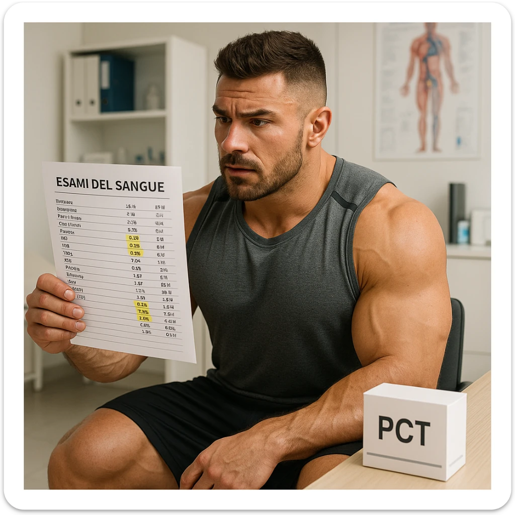 muscular bodybuilder in sportswear sitting in a medical office holding a blood test sheet with highlighted values, box labeled 'PCT' on the table, attentive expression, Italian text, 4K quality sticker