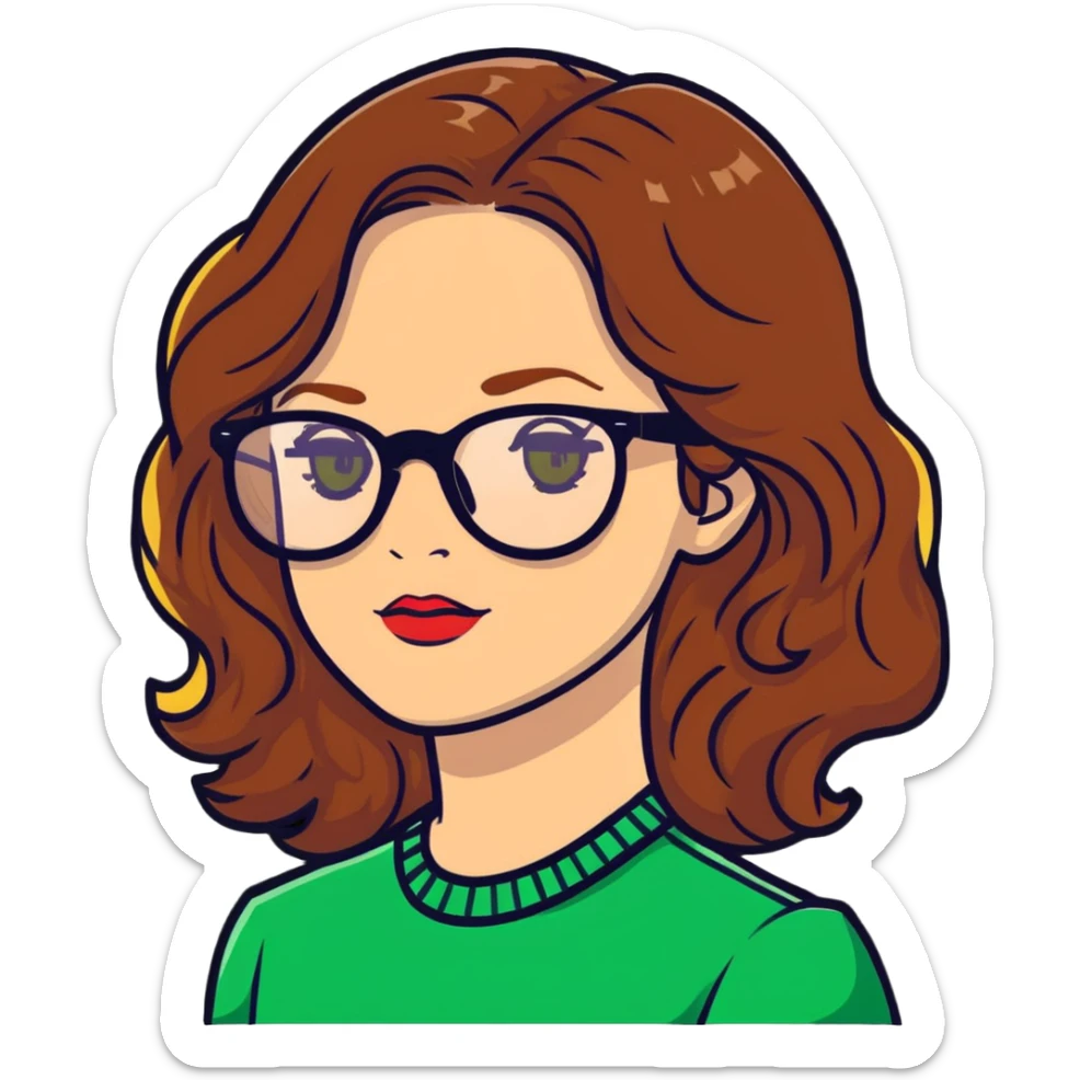 woman with pale skin, brown wavy hair, green eyes, gold glasses sticker