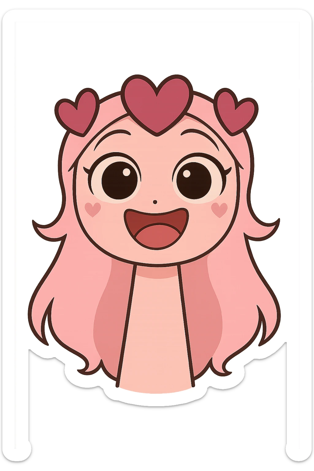 Add a happy, wide smile expression to the pink character with heart hair, maintaining the chibi stickers style with a transparent background. sticker