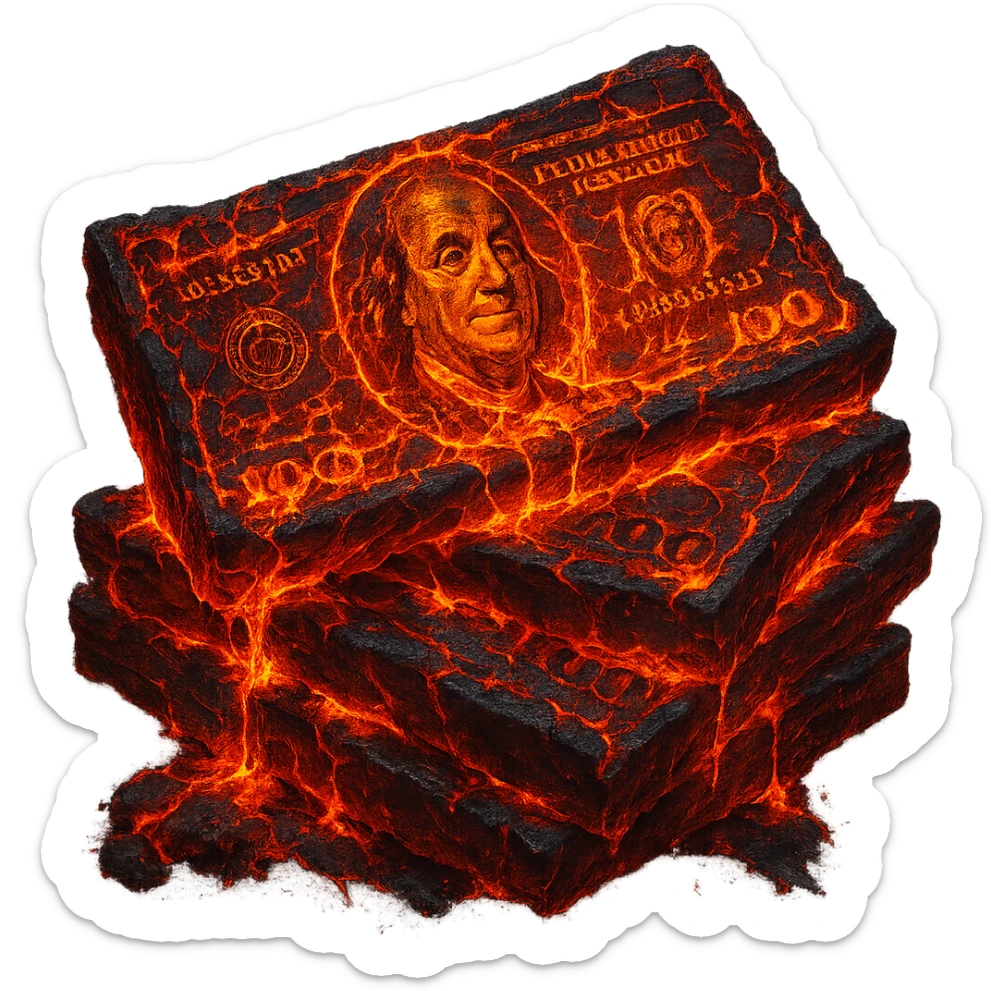 Transform the stack of money into lava money: make the bills appear to be melting and turning into glowing, molten lava with realistic textures and dramatic lighting. Keep the background transparent. Style should resemble a realistic molten lava effect with glowing heat and texture details. sticker
