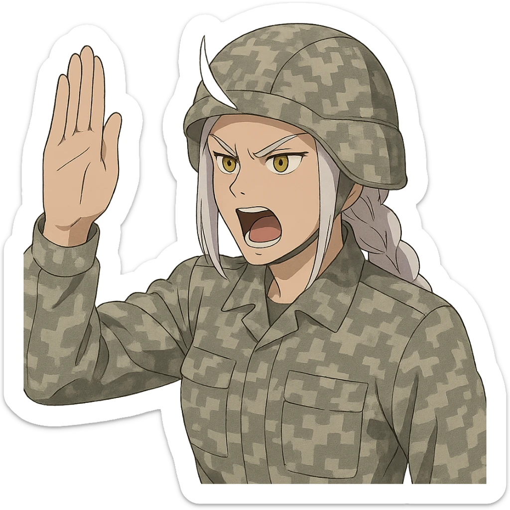 Style of Anime, 1 female, gold yellow eyes, white hair lavender tips, locks in front, mohawk, long white braid, she is a drill sergeant at work, focused facial expression, shouting command, eyes looking down in front of her, a blade hand  vertical palm gesture "to the forward" direction, uniform of gray large scale digital camo. her head is covered with a PAGS style wrapped ballistic helmet sticker