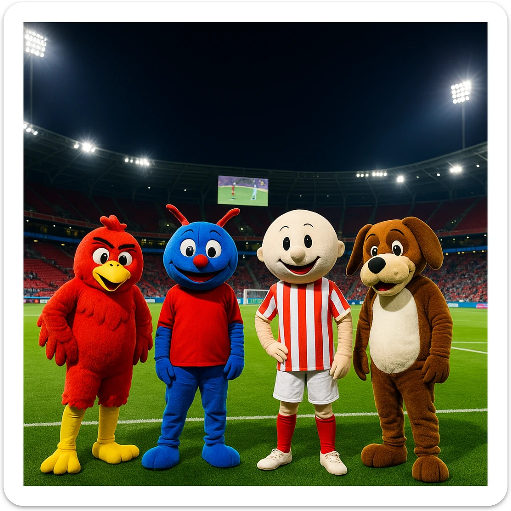 A vibrant night photo of a modern soccer stadium with bright lights illuminating a green grass field. Five mascots in colorful costumes stand in a row: a red and white mascot on the left, a blue and red mascot in the center, a white and red striped mascot next to it, and a brown and white mascot on the far right. The stadium has empty red seats, a large screen showing a soccer match, a visible crowd in the distance, and a fun, casual sports event atmosphere under a night sky. sticker