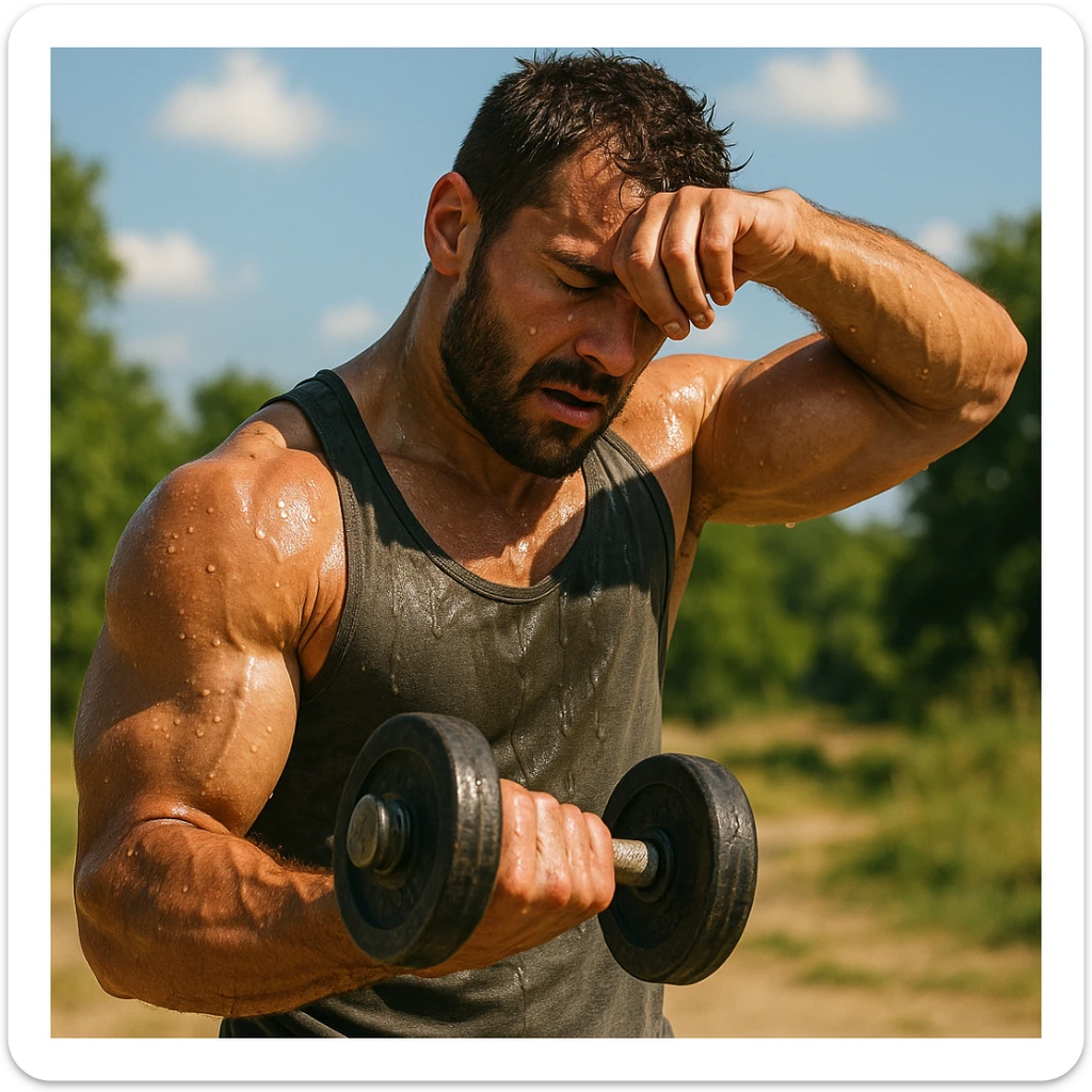 uomo fitness che si allena in estate, tutto sudato, con una mano fa un curl manubri mentre con l'altra mano si asciuga il sudore dalla fronte, espressione affaticata in volto sticker