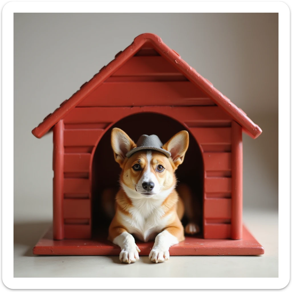 realistic red dog house with a Corgi dog inside, Corgi with a hat, photorealistic style sticker