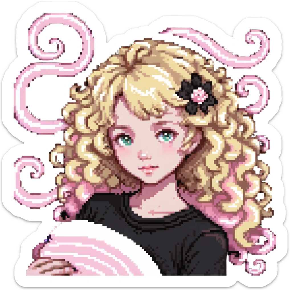 pale girl with curly medium-length blonde hair and baby pink swirls sticker