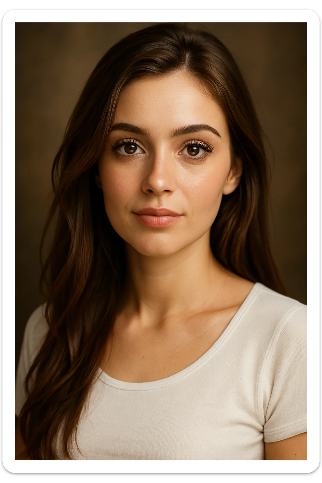 charming girl, white top, long brown hair, prominent eyelashes, pretty, portrait, detailed, beautiful lighting sticker