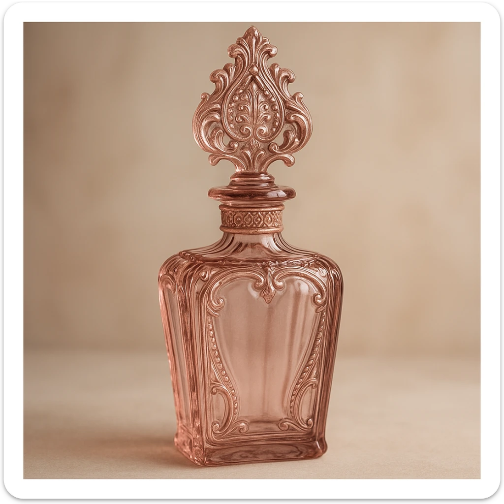 elegant glass perfume bottle in pink, ornate stopper, luxurious and aesthetic look sticker
