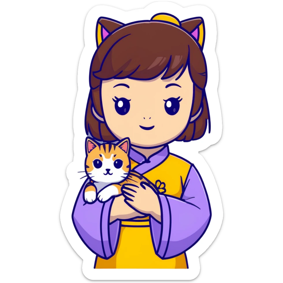 girl with brown hair and bangs wearing yellow qipao with gray tabby cat sticker