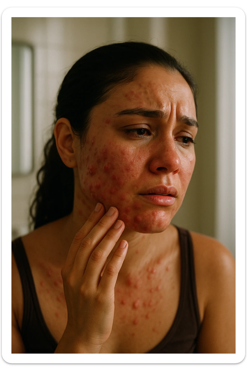 A highly realistic, cinematic portrait of a young woman in her late 20s with medium skin tone, showing visibly inflamed, deep cystic acne along her jawline, cheeks, and chin. Her skin appears red and irritated around the acne nodules, with noticeable swelling and tenderness, illustrating the painful nature of cystic acne linked to PCOS. Her facial expression shows discomfort and emotional distress, with slightly teary eyes as she gently touches an inflamed area on her jawline with her fingertips. Her hair is pulled back to clearly show the acne areas, and her skin has a slightly oily texture due to androgen-related sebum overproduction. The environment is a softly lit bathroom with neutral daylight, emphasizing the skin texture, redness, and deep acne. The style is realistic, 35mm cinematic photography with warm, neutral tones, soft shadows, and clear skin detail, providing a compassionate yet direct visualization of PCOS-related cystic acne sticker