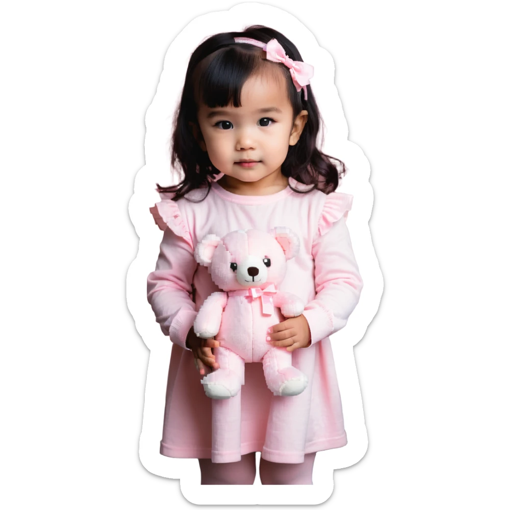 cute toddler girl with pastel pink clothes holding a pink teddy bear sticker