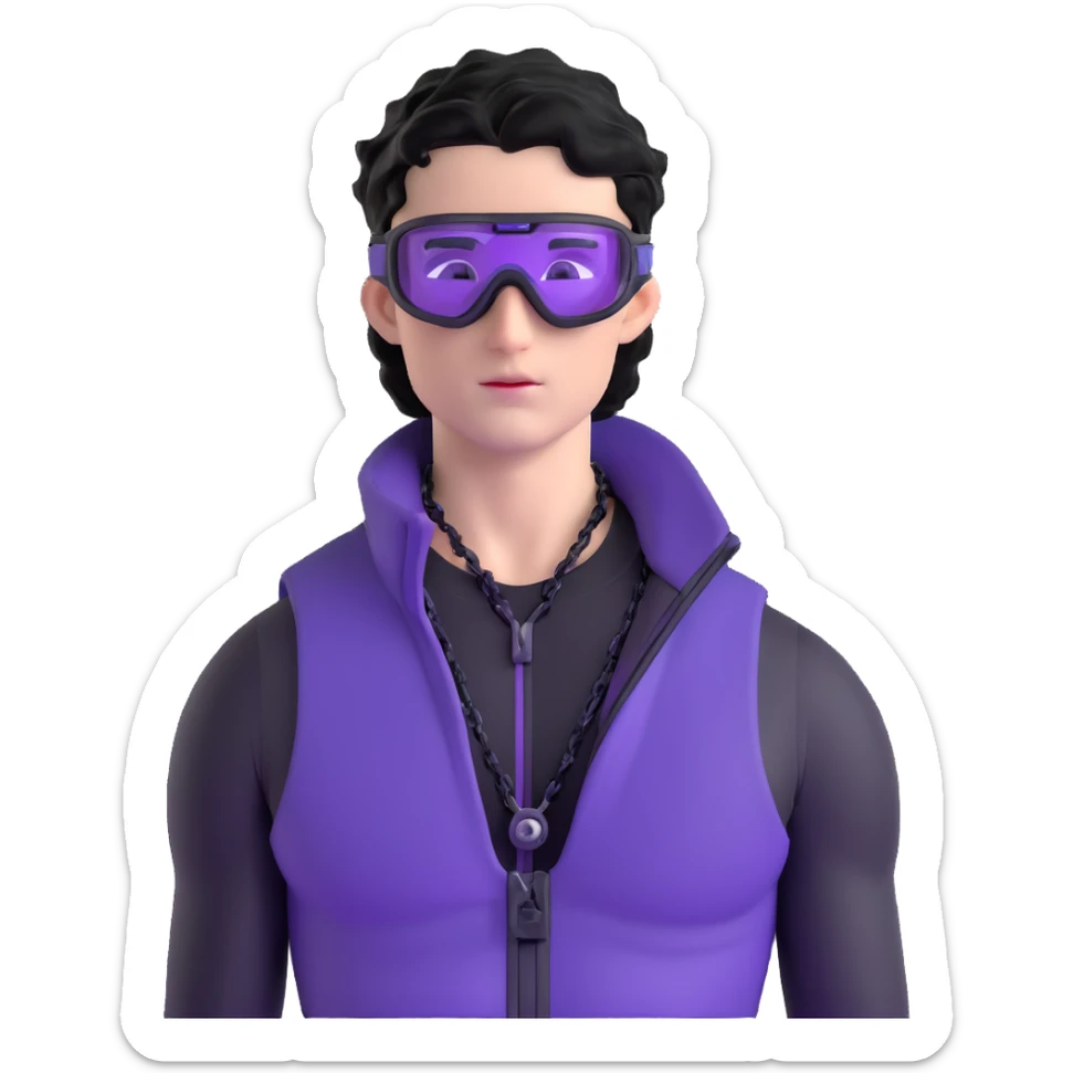 male athlete with white skin and moderately curly black hair on top with shaved sides, wearing ski goggles with purple frames and very dark black lenses, a simple plain black chain necklace, and a completely unzipped/wide open shiny purple vest fully revealing his chest and abs, no earrings sticker