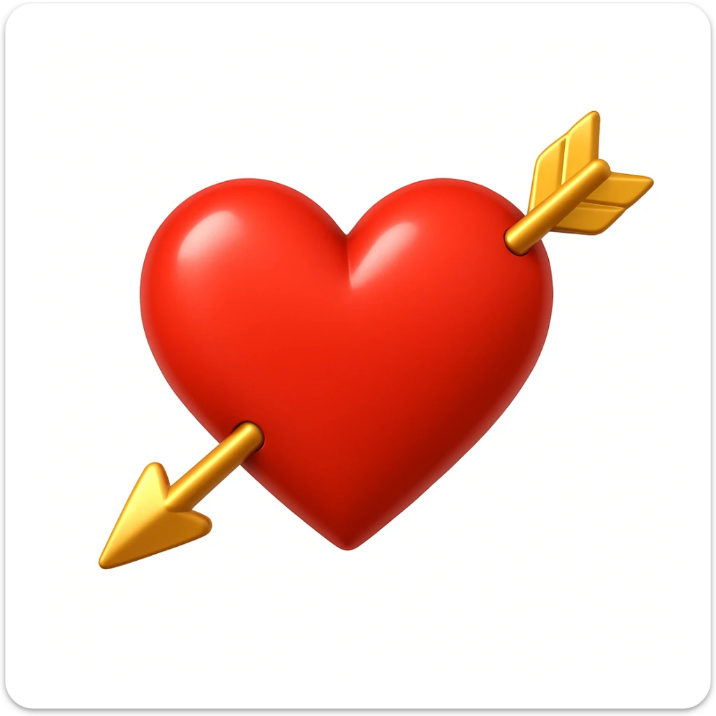 A 3D emoji in iOS emoji aesthetic style of a red heart pierced by a golden arrow, symbolizing love and romance, glossy and smooth surface, bright and cheerful lighting, clean white background sticker