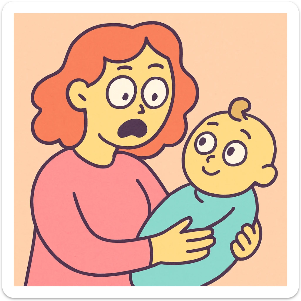 a mother looking at her child with shocked eyes, soft pastel tones, gentle style sticker