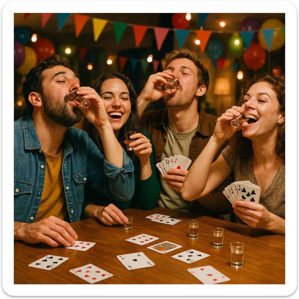 a group of people drinking shots and playing a card game, lively atmosphere, festive party vibe sticker