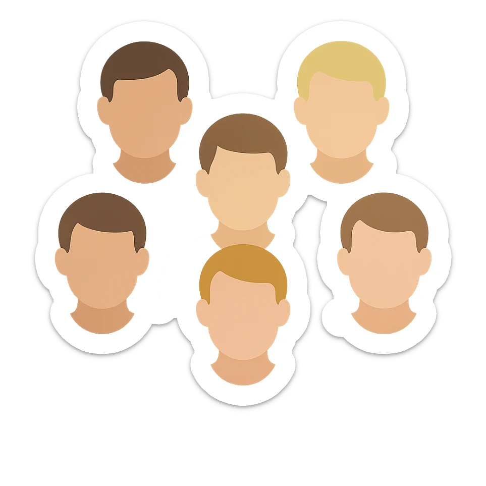 group of 6 men, all with white skin tone, all wearing white shirts, standing together sticker