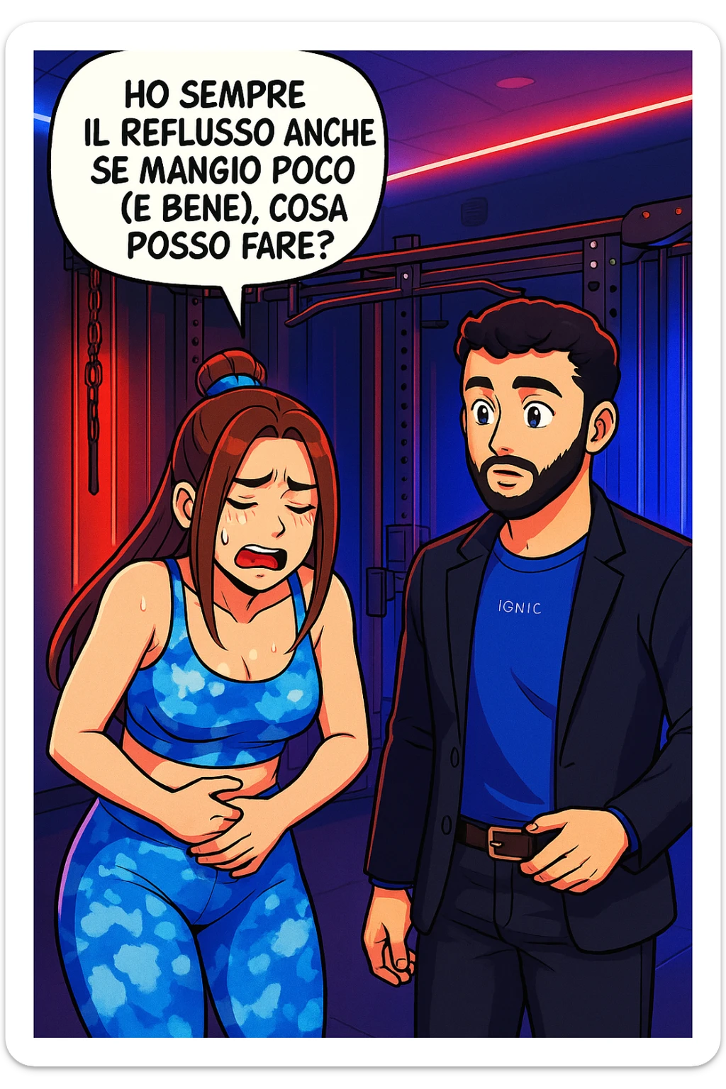 TRASFORMA QUESTO CAROSELLO IN UN FUMETTO STILE WEBTOON/MANGA A COLORI CON QUESTE DUE PERSONE IDENTICHE CHE INTERLOQUISCONO TRA LORO, LA DONNA è DISPERATA CON LE MANI sulla pania perché soffre di reflusso E STA DOMANDANDO TUTTA AGITATA UNA COSA ALL'UOMO:

LEI (DONNA): Ho sempre il reflusso anche se mangio poco (e bene), cosa posso fare?
 sticker