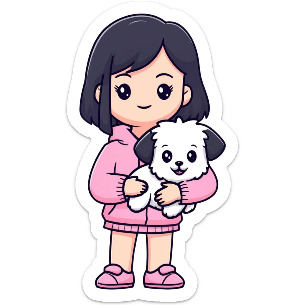 Beautiful girl with long straight black hair, fair skin, wearing pink clothes, holding a pure white fluffy Maltese dog sticker