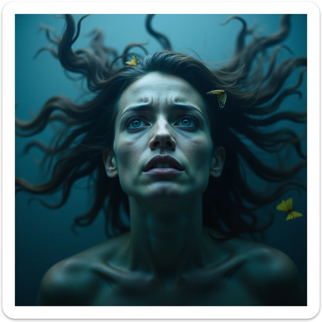 A hyperrealistic 4K image of a woman floating with hair like a storm, chains of anxiety squeezing her tightly, wide anxious eyes, butterflies barely visible, cold blue light, atmosphere of intense anxiety. sticker