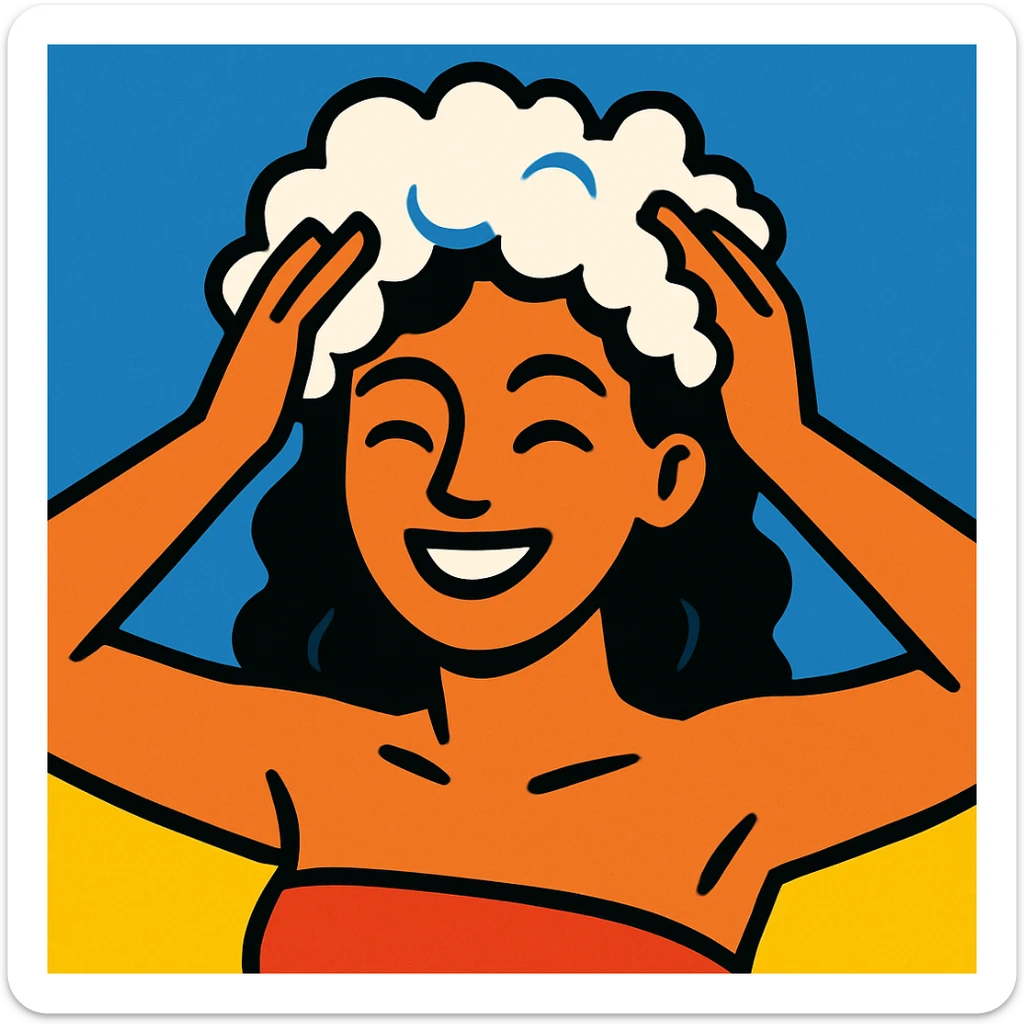 woman with shampoo foam in hair, smiling, minimal background, vibrant colors sticker