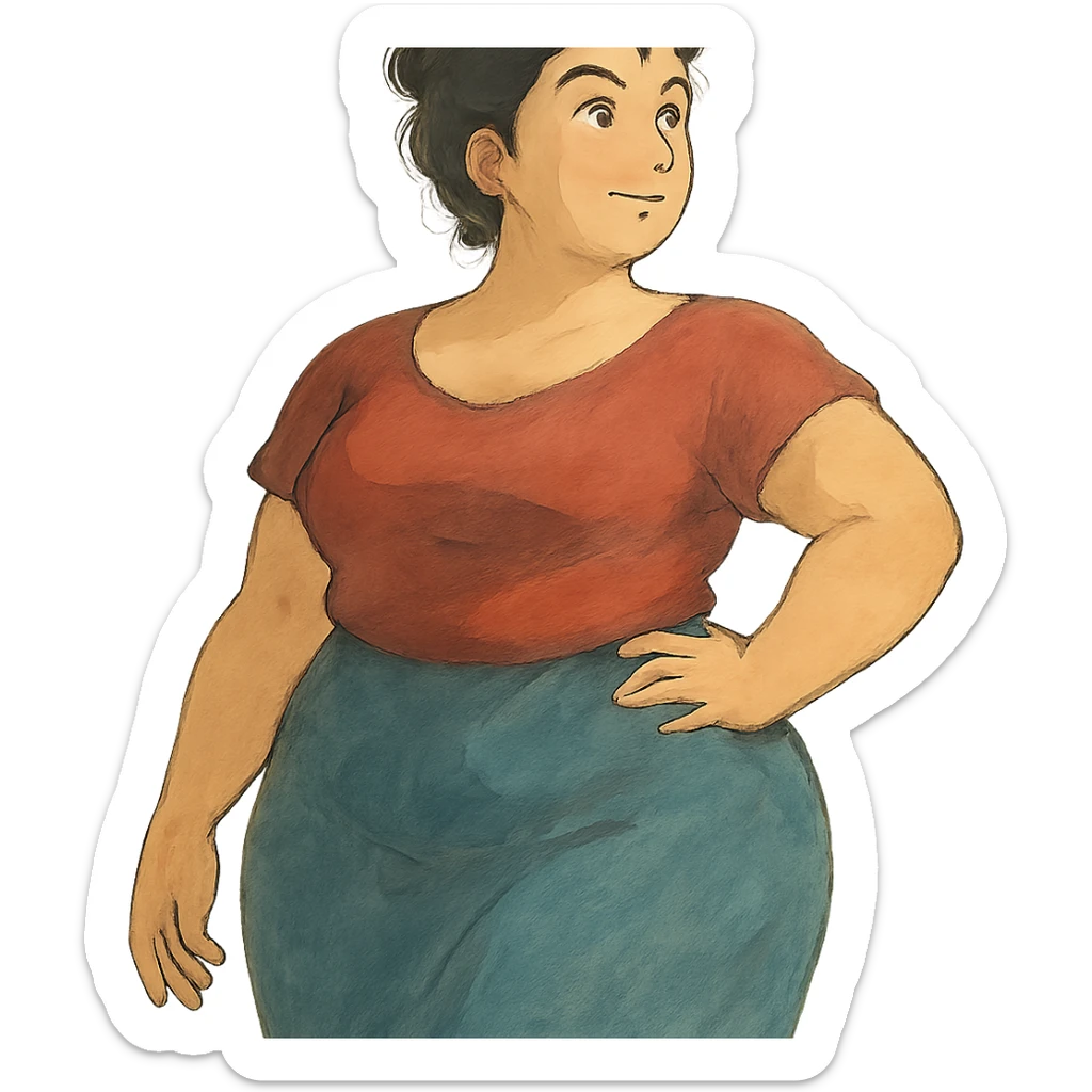 ghibli style soft and artistic illustration of a confident woman with a curvy figure sticker