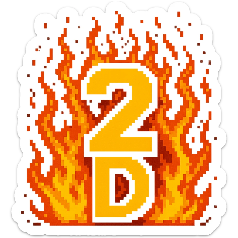 The number 2 with the letter D under it and fire, pixel art sticker