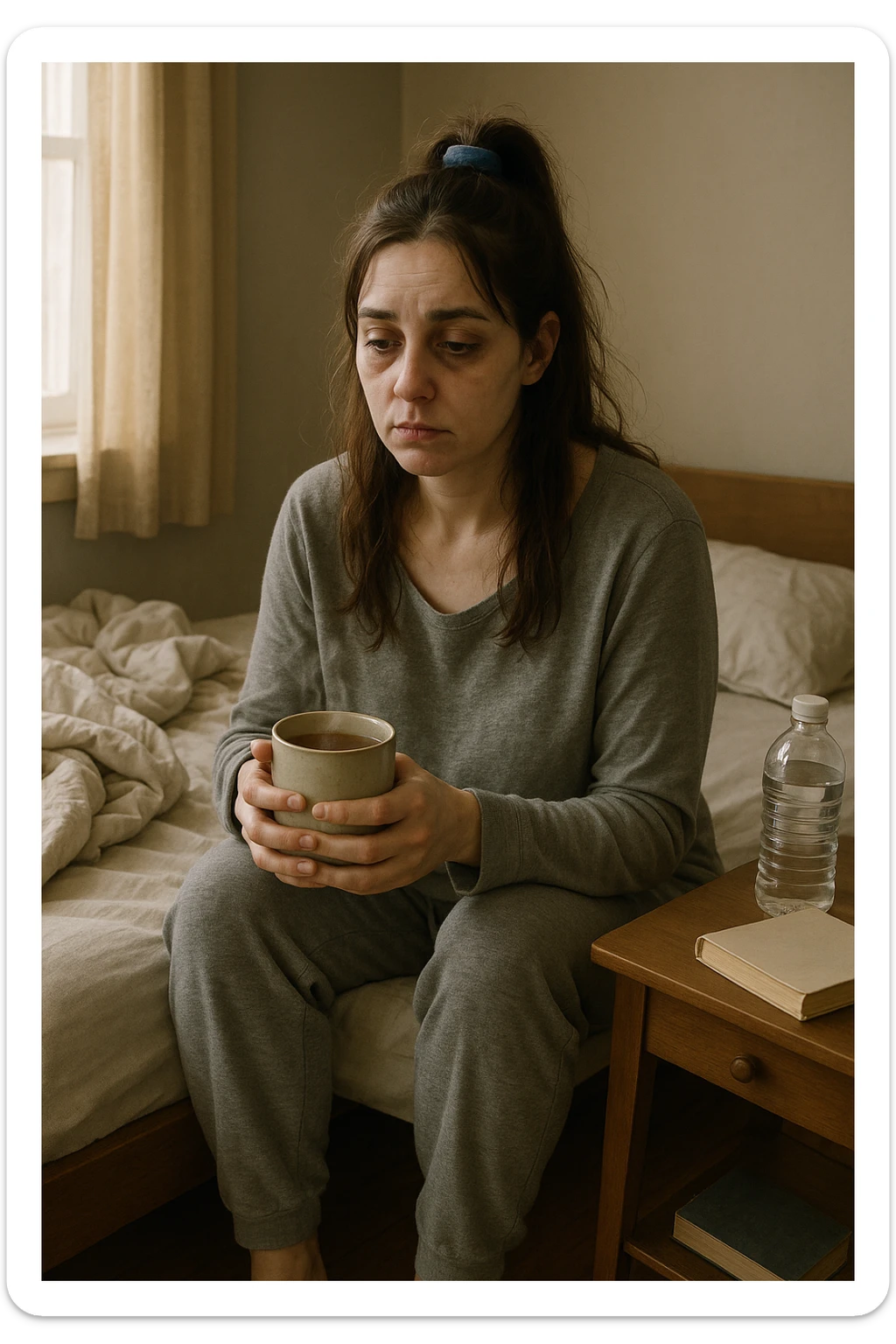 A realistic, cinematic illustration of a woman in her early 30s with a tired, pale appearance, sitting on the edge of her bed in a softly lit bedroom during the morning, looking exhausted and drained. Her posture is slightly slouched, and dark circles are visible under her eyes. She wears comfortable loungewear, holding a warm cup of herbal tea in her hands, seeking comfort. The scene includes a cozy yet slightly messy room with a blanket, a water bottle, and a book on the nightstand, emphasizing chronic fatigue. Soft natural light comes through the window, highlighting her expression of persistent tiredness despite rest, capturing the invisible struggle of chronic fatigue syndrome while maintaining dignity and a gentle aesthetic. sticker