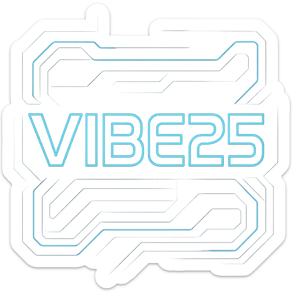 VIBE25 logo in a Tron-inspired style, neon blue and black color scheme, futuristic glowing lines, digital sci-fi look, bold and sleek typography, high-tech aesthetic sticker