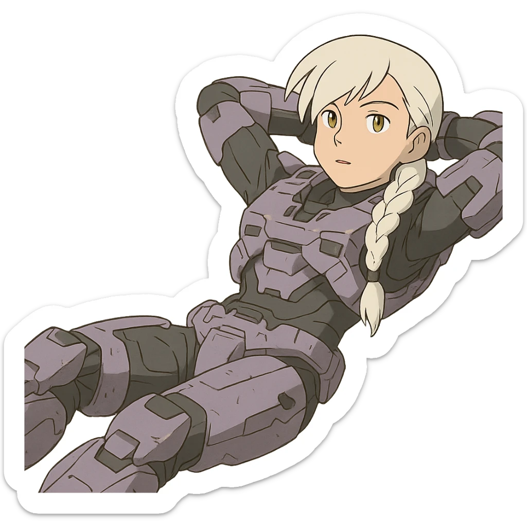 female, wearing reach spartan armor shoulder-unequip, long white braid hair with massive messy front side single bangs, gold yellow eyes, attention pose, HALO:series, no helmet, the armor is lavender color scheme, laying back and relaxing flat on the ground sticker