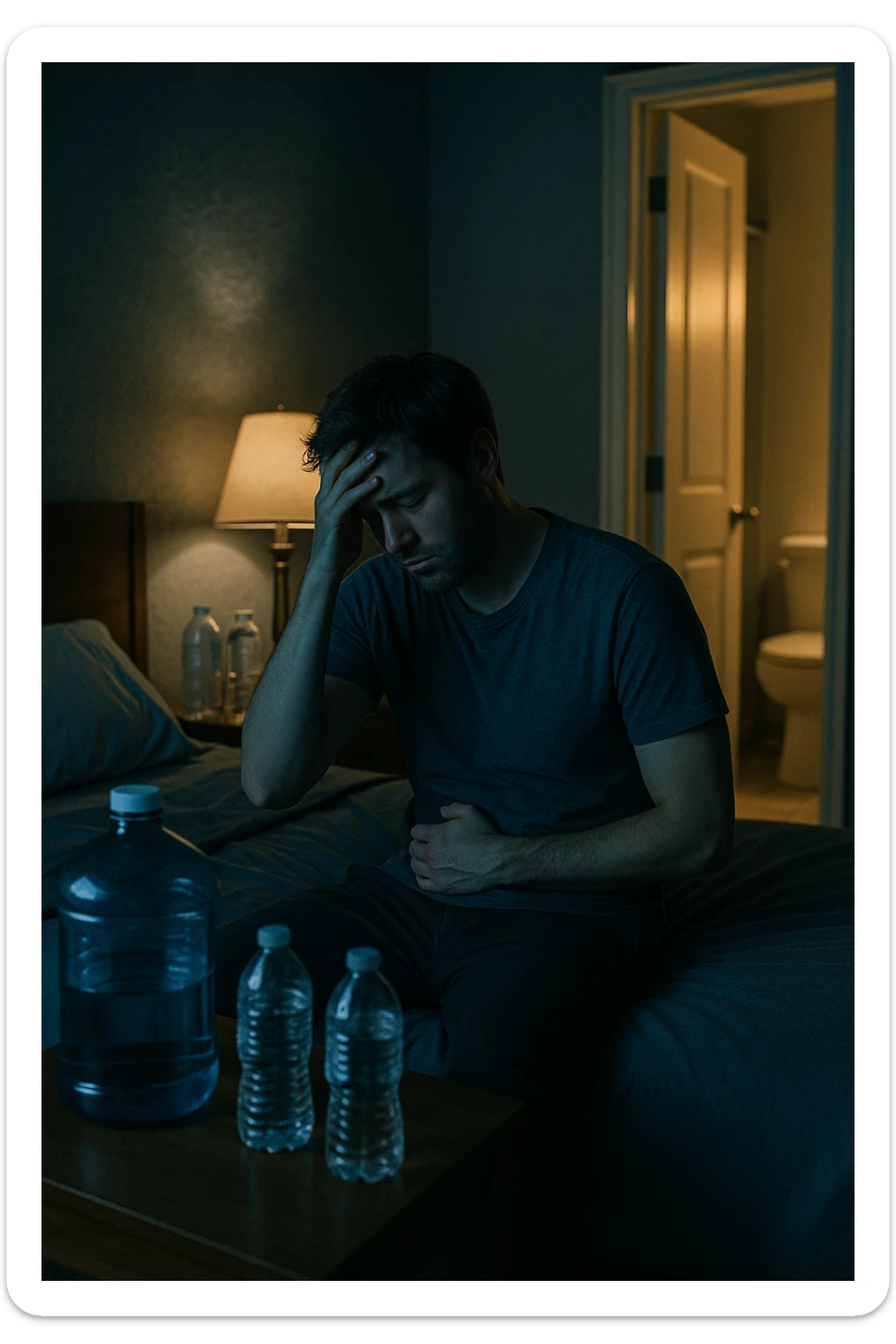 A cinematic scene of a man in his 30s sitting on the edge of his bed at night, clearly tired and frustrated. On his nightstand are several empty water bottles and a large reusable water jug, suggesting excessive hydration. A dim lamp casts soft shadows in the room, and the door to the bathroom is open with light spilling out — symbolizing repeated nightly visits. The man holds his head in one hand, while the other rests on his abdomen, eyes heavy with fatigue. The atmosphere is quiet and introspective. Cool color grading with deep blues and pale yellows enhances the nighttime mood. Style: 35mm cinematic realism, with attention to emotional detail and ambient lighting sticker