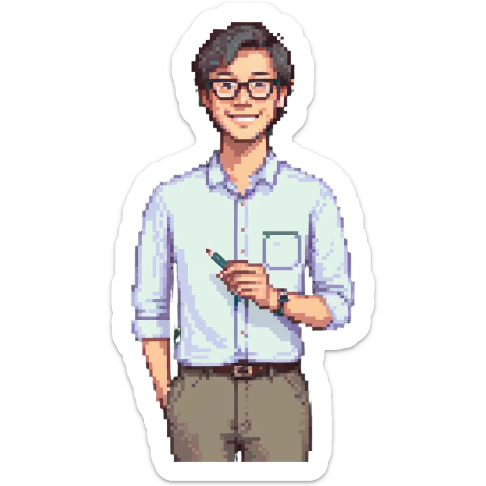A cute and detailed emoji of a male teacher writing on a chalkboard. The teacher is smiling, wearing glasses, and dressed in a casual shirt and pants. He is holding a piece of chalk and writing something on the blackboard. sticker