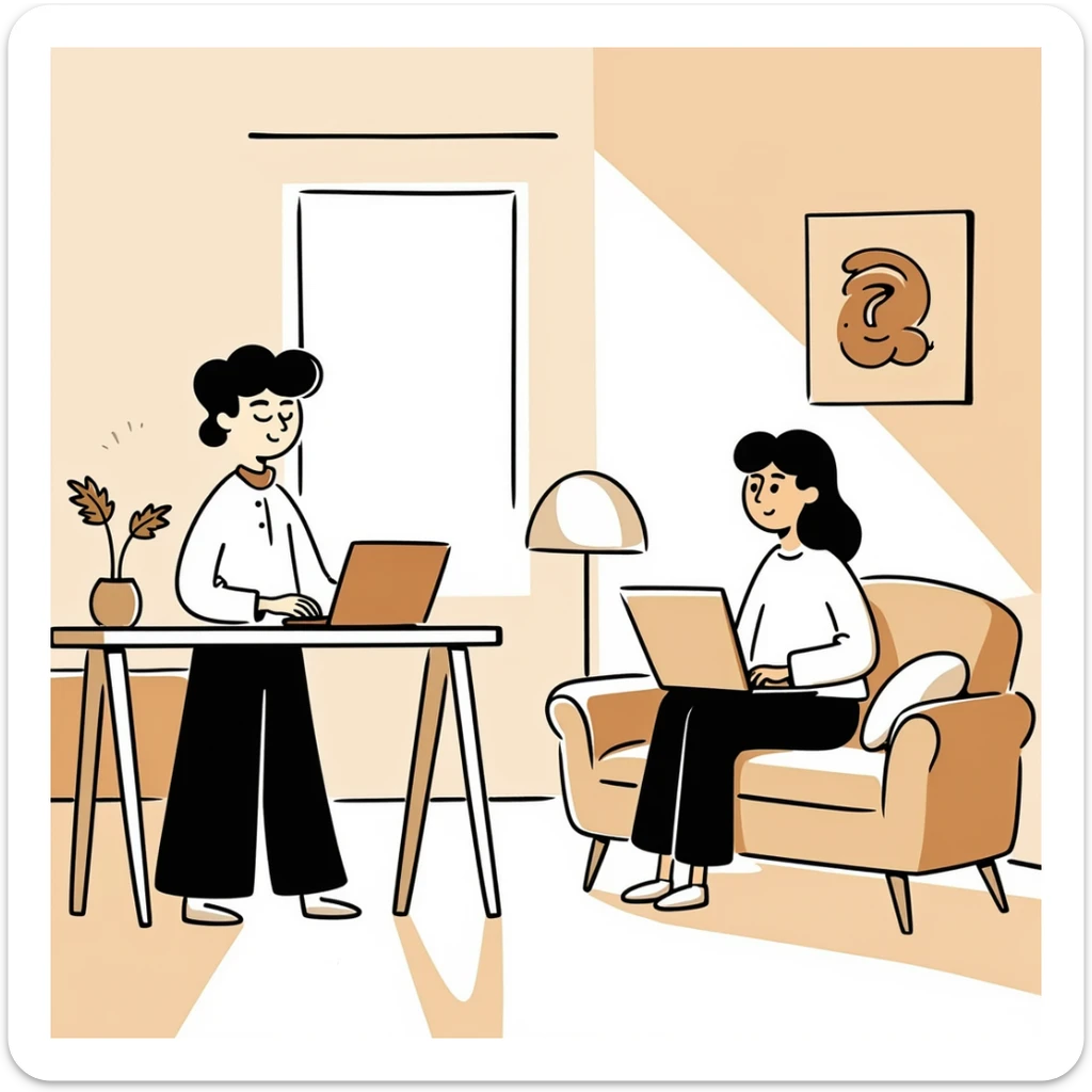 escenary 3d of a cozy mid-century living room with two people working on laptops, one man standing at a desk and one woman sitting on a couch, warm tones, two walls and floor visible sticker