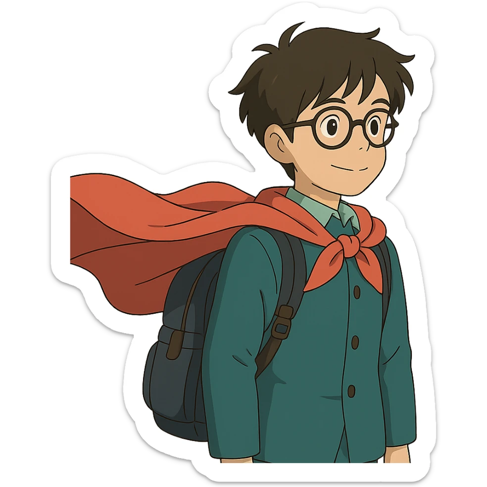 student with glasses and backpack, wearing a superhero cape sticker