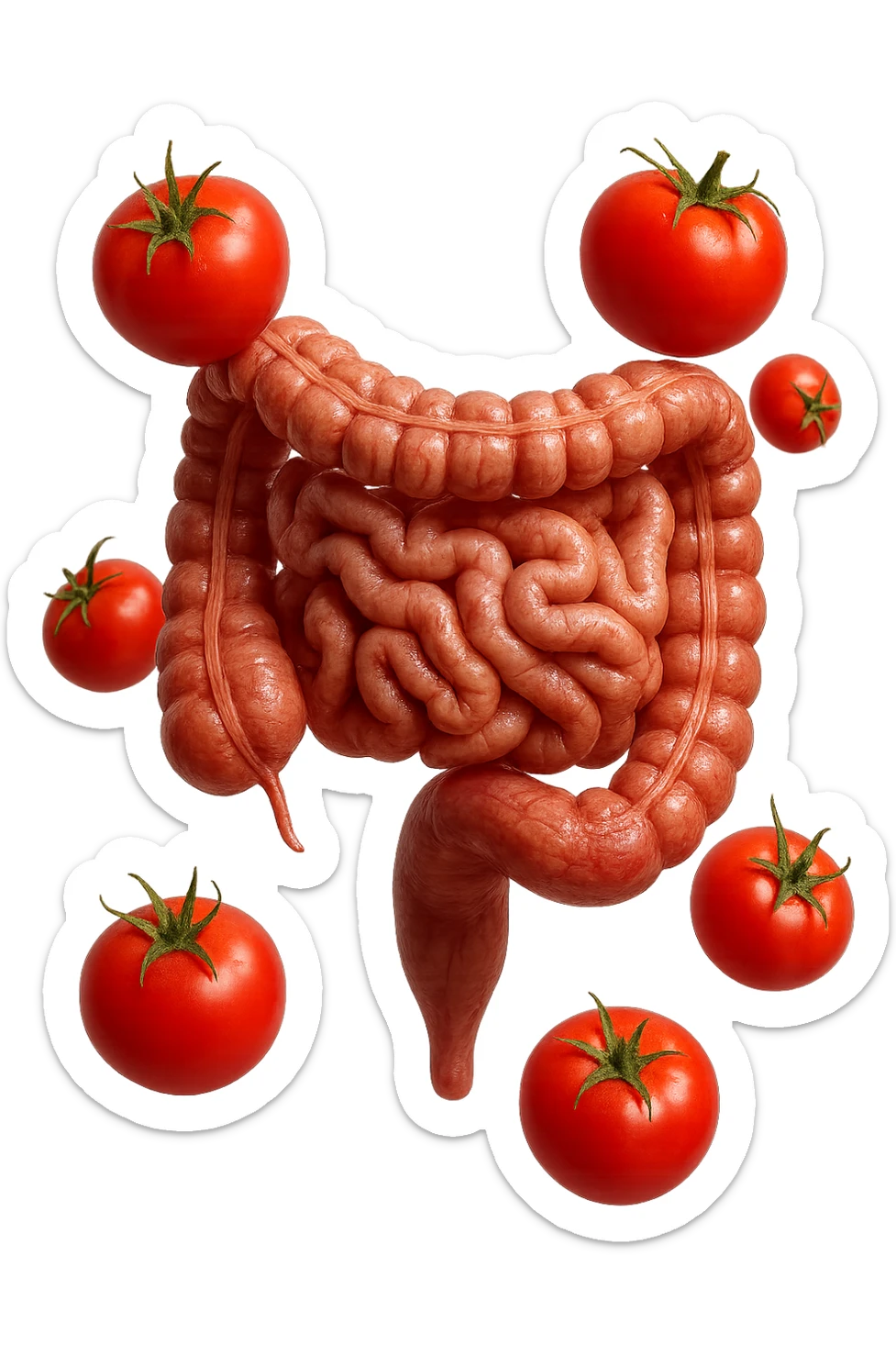 intestino umano anatomico con pomodori che gli fluttuano intorno, iperrealistico 4k sticker