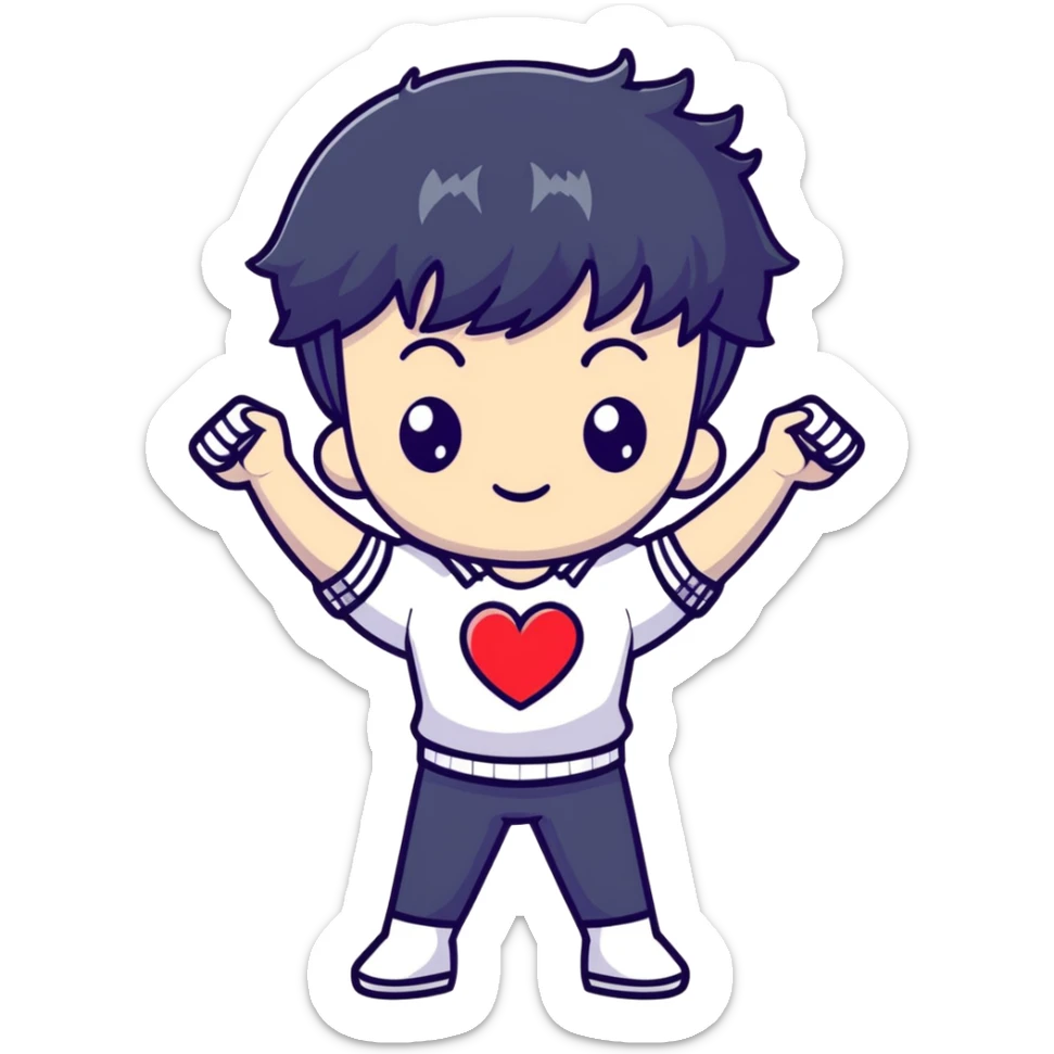 Black-haired male idol with arms forming heart shape above head, arms curved in heart outline, K-pop style sticker